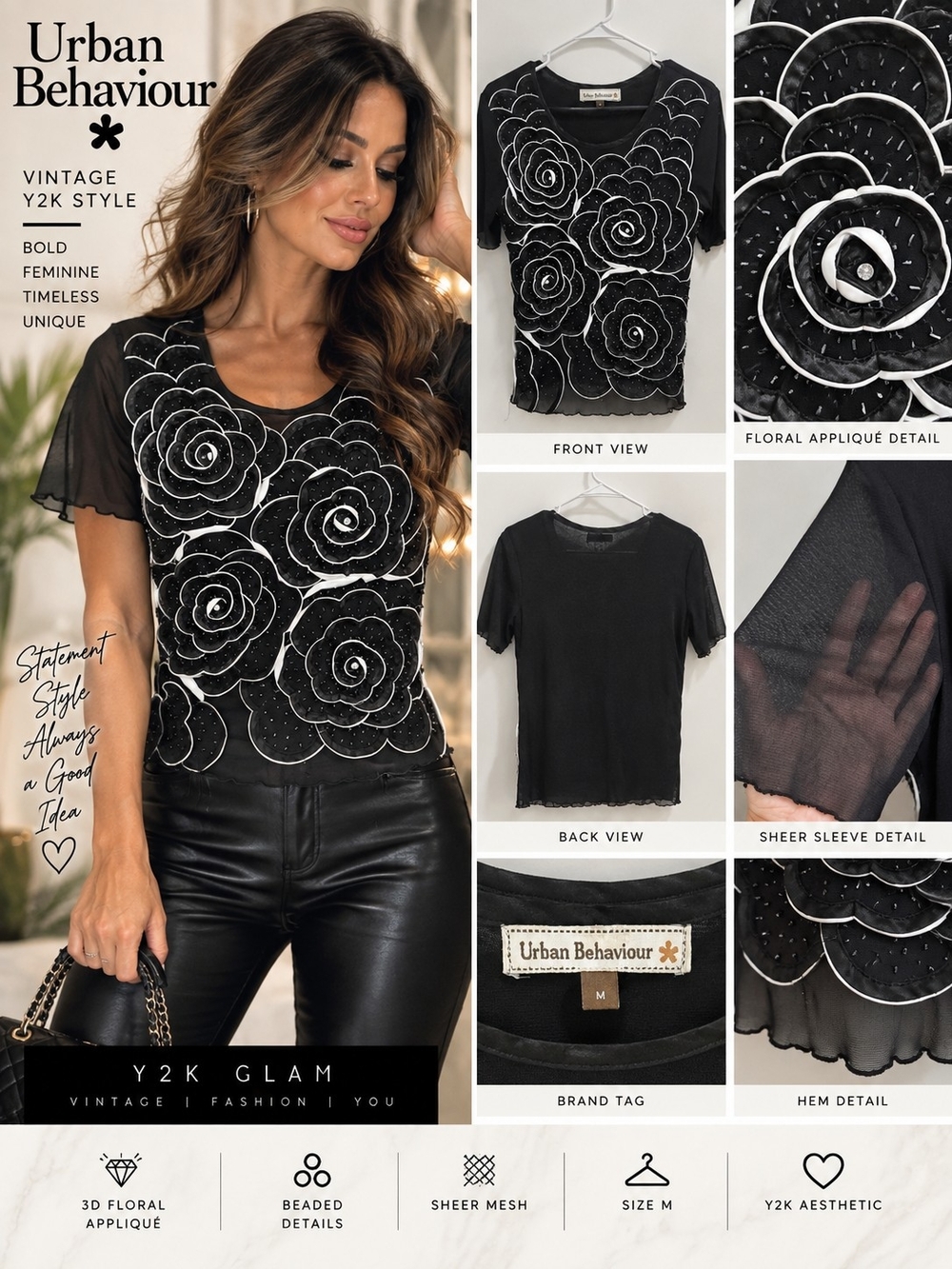 Vintage Y2K Urban Behaviour Black 3D Floral Beaded Mesh Top M